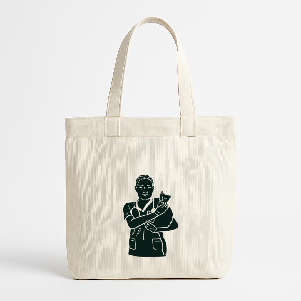 Black And White Illustration Of A Nurse Holding A Cat Canvas Tote Bag