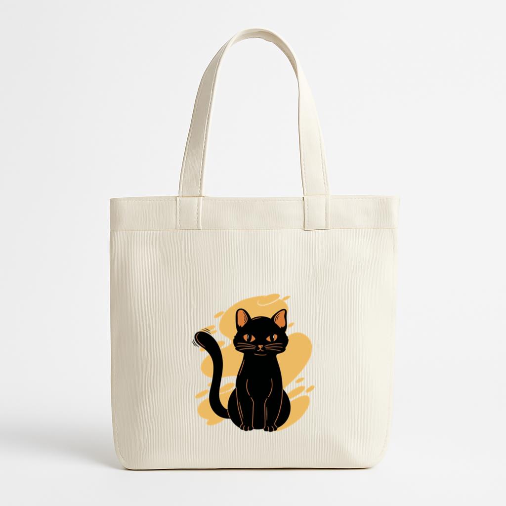 Black Cat Sitting Yellow Background Canvas Tote Bag