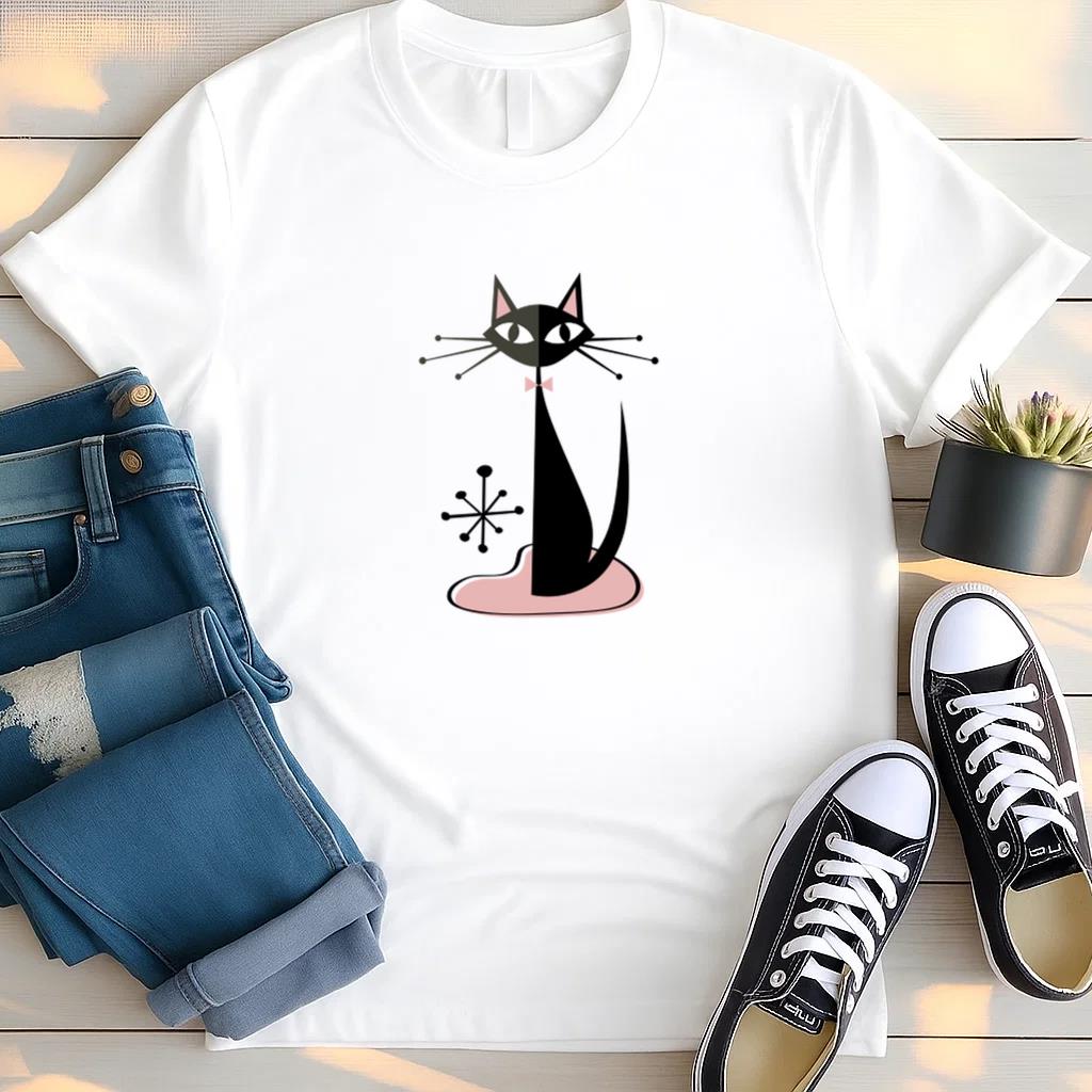 Black Cat Wearing A Pink Bow Tie T Shirt