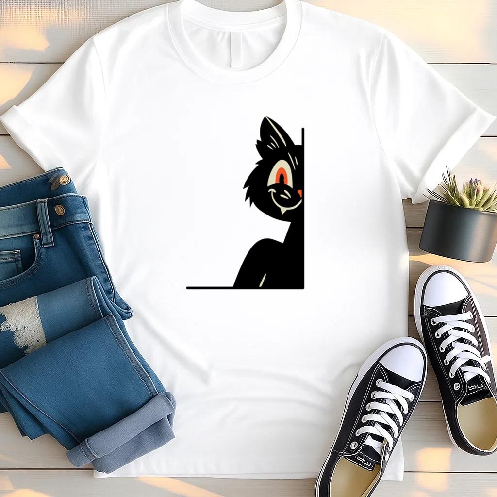 Black Cat With Orange Eyes Peeking T Shirt