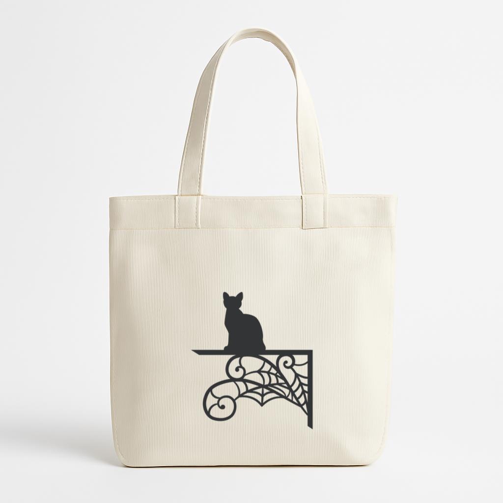 Cat Sitting On A Shelf With Spider Webs Canvas Tote Bag