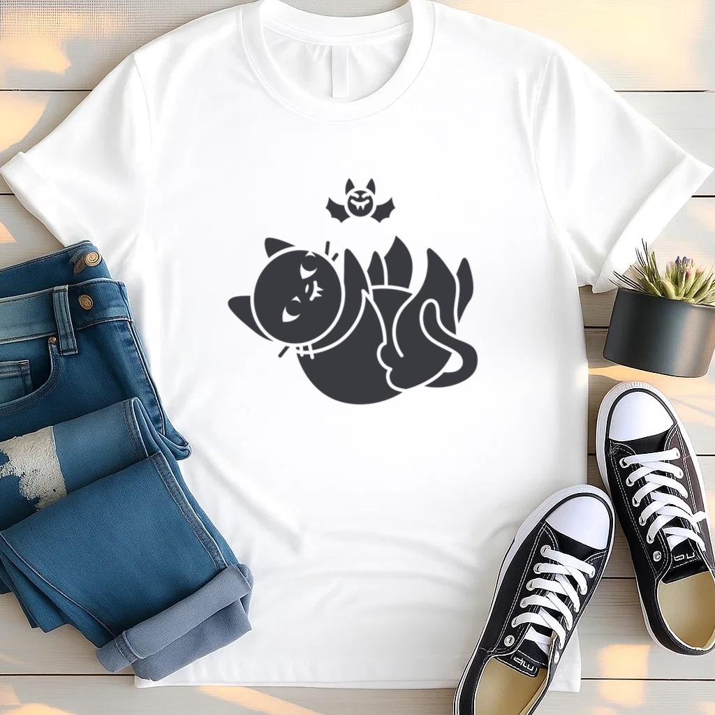 Cute Black Cat Bat Design T Shirt