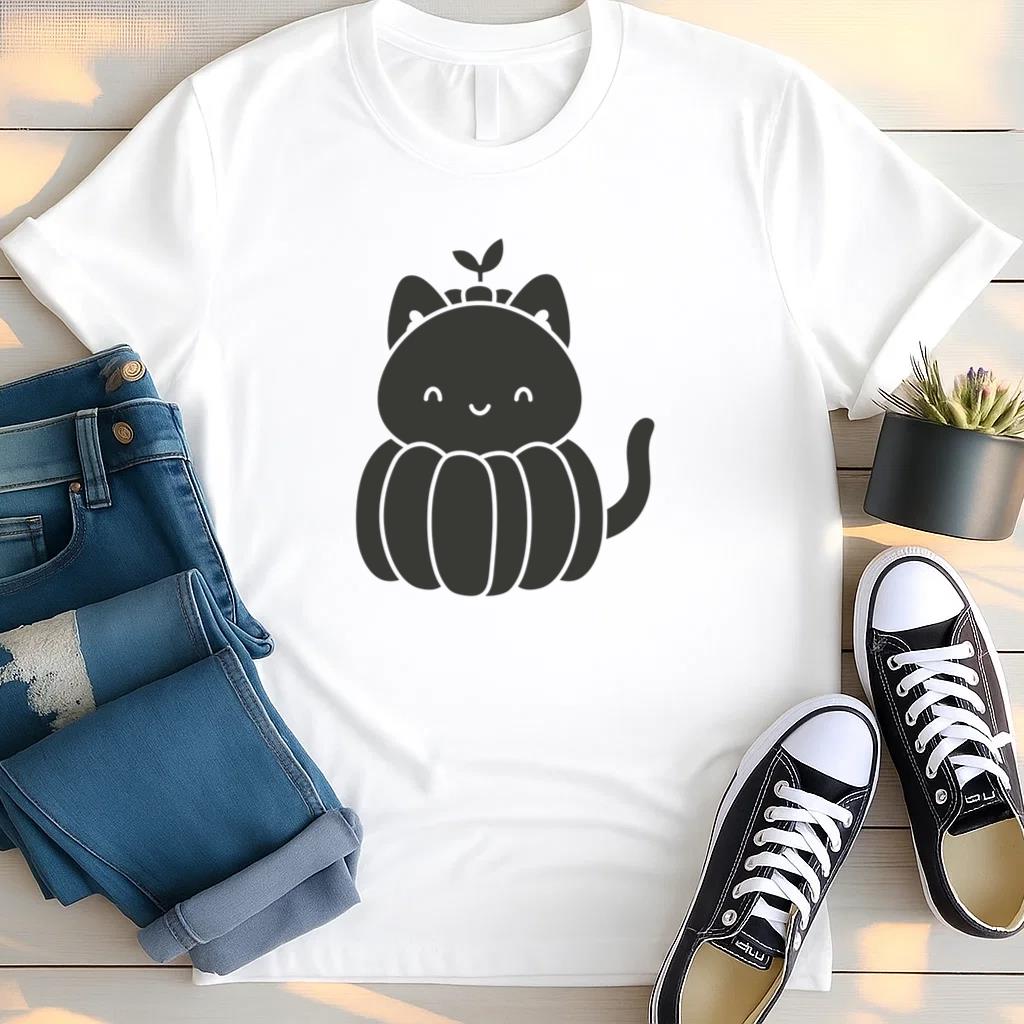 Cute Cat With Pumpkin Design T Shirt