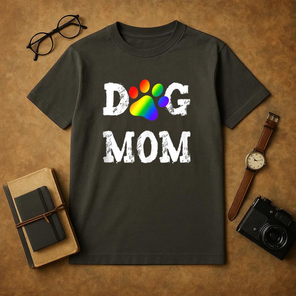 Dog Mom Pride Rainbow Paw Print T-Shirt