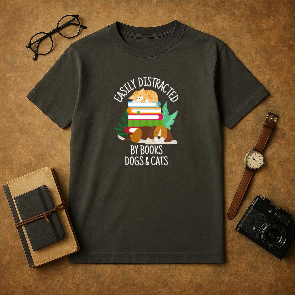 Easily Distracted By Dogs Cats And Books T-Shirt