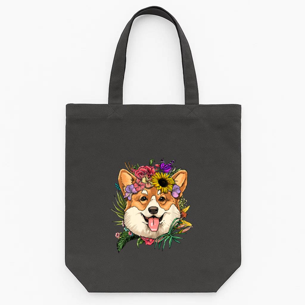 Floral Corgi Dog Spring Nature Tote Canvas Bag
