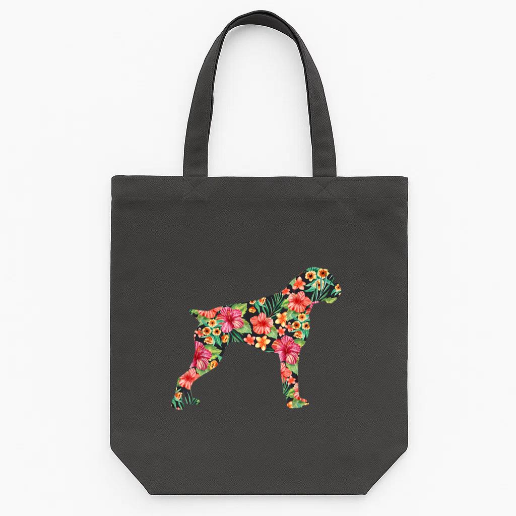 Flower Funny Dog Silhouette Floral Tote Canvas Bag