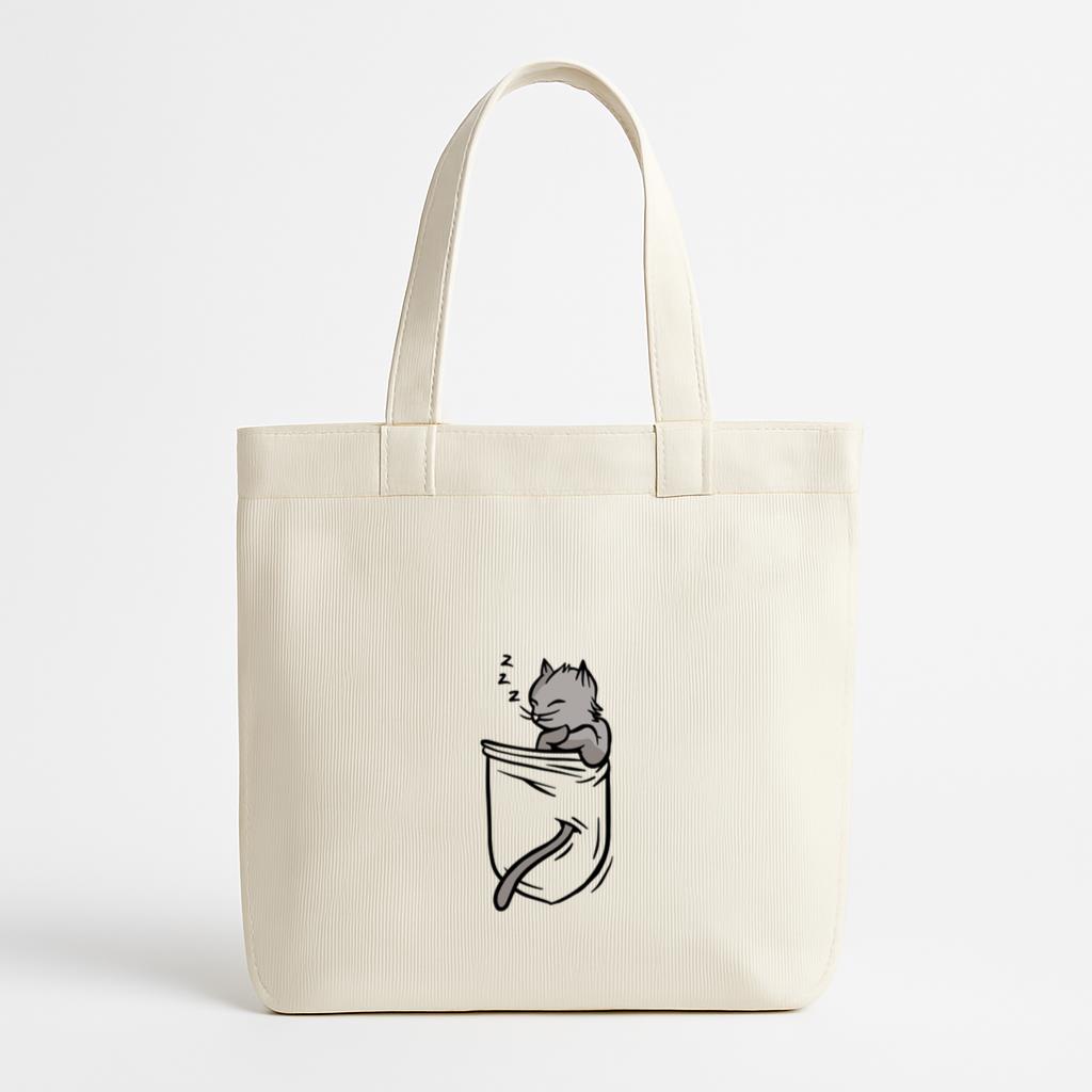 Gray Cat Sleeping Inside Pocket Canvas Tote Bag