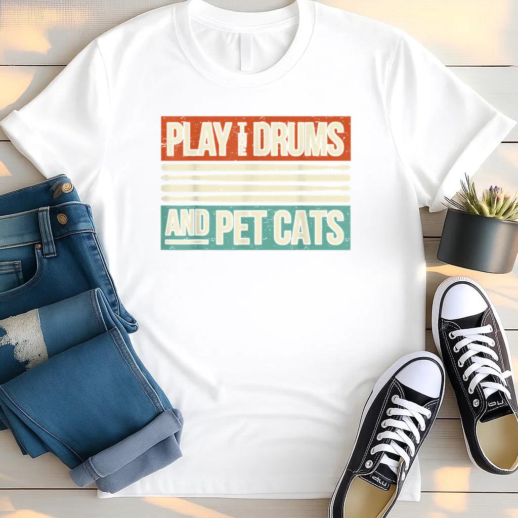 Retro Play Drums And Pet Cat T Shirt
